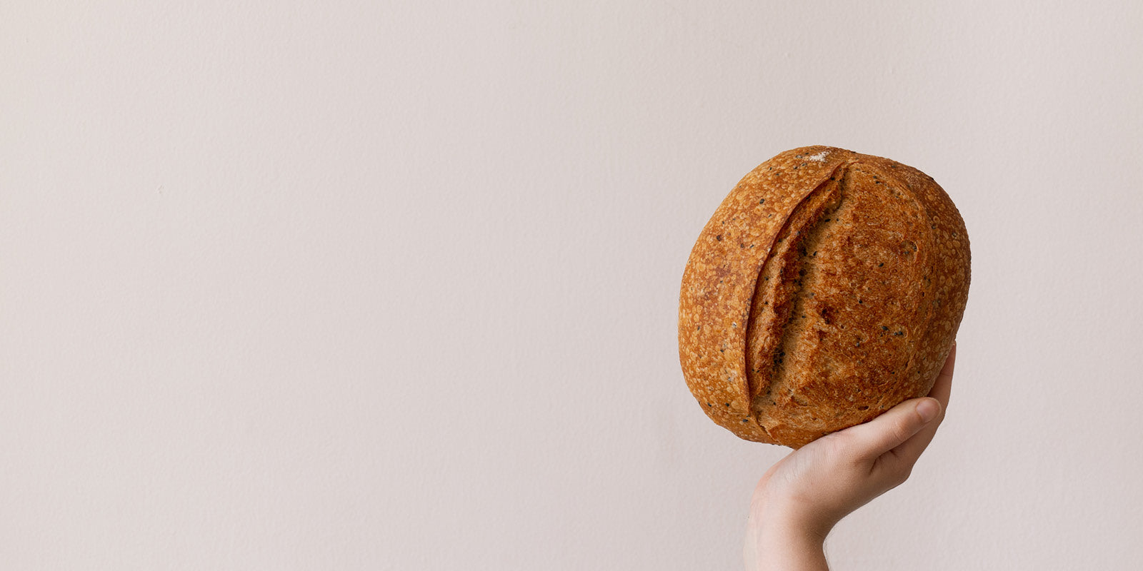 A hand holding a round, rustic Sourdough bread loaf against a plain, light beige background.